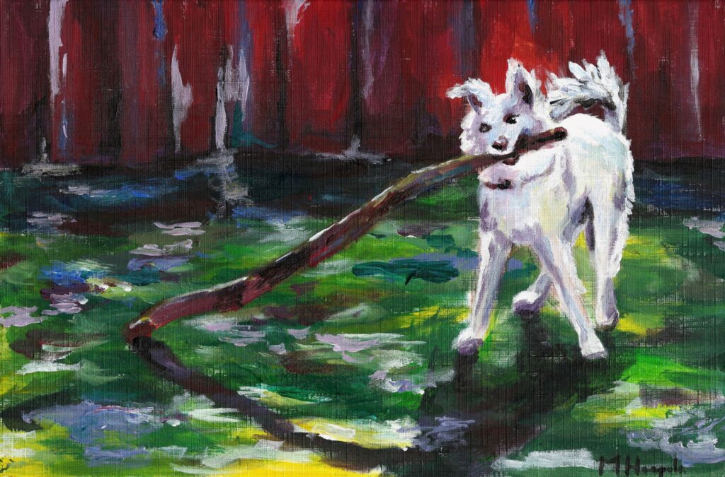 Husky white dog with stick finn by mary haapala smaller maybe