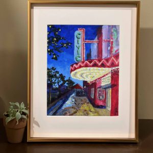 Art print of a painting done by Mary Haapala of the Civic Theater in Farmingon, Mi at night with its lights brightly shining.