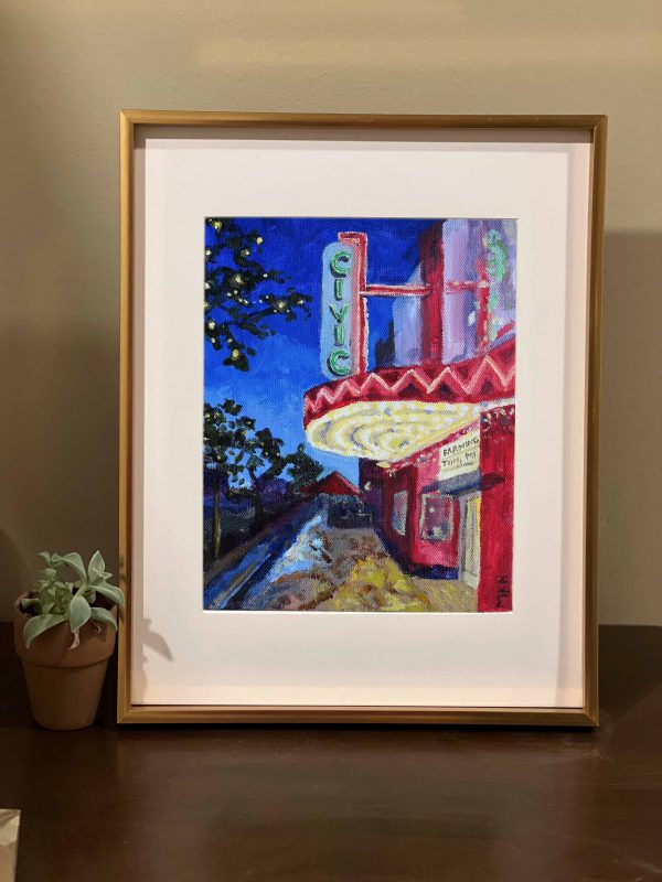 Art print of a painting done by Mary Haapala of the Civic Theater in Farmingon, Mi at night with its lights brightly shining.